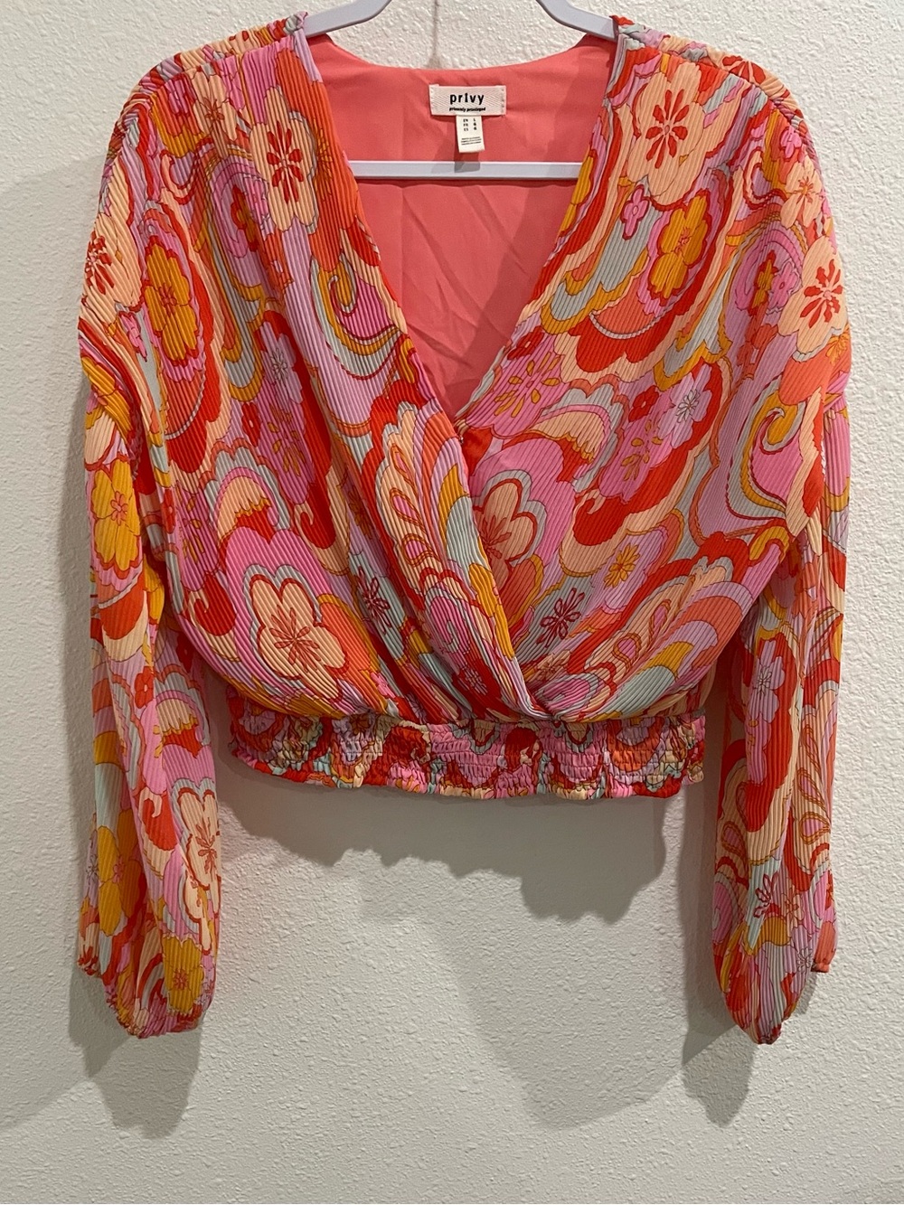 privy Colorful Floral Surplice Long Sleeve Top Boho Mod Vintage